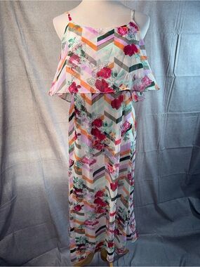 1601-Cato Floral Chevron Layered Maxi Dress - White, Pink, Green